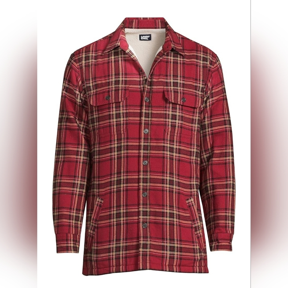 Lands End Men's Medium Flannel‎ Sherpa Lined Shirt Jacket Fall Winter Outdoor